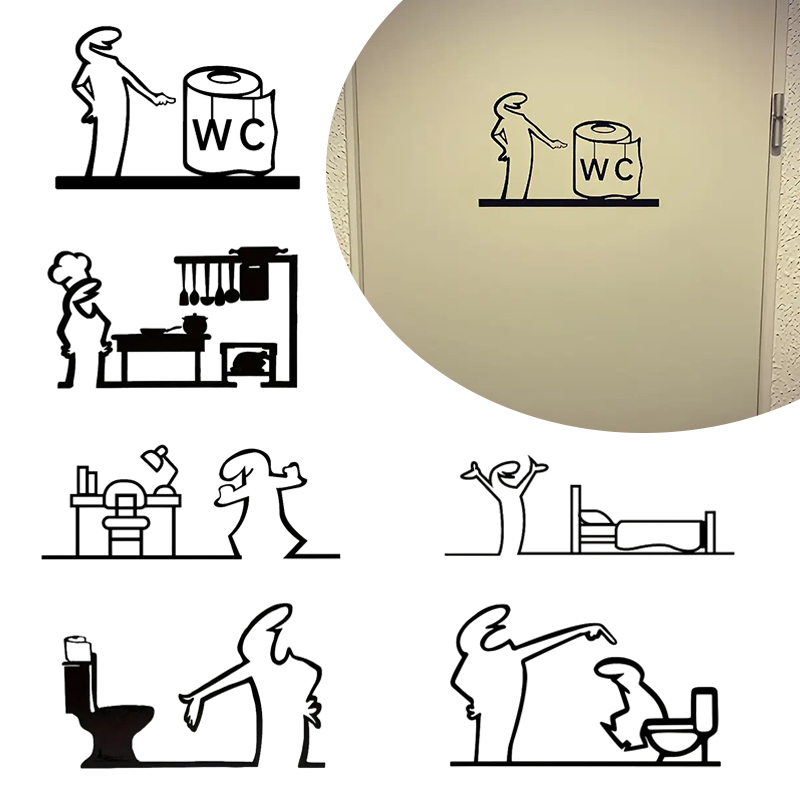 Home Bathroom Door Signs - 1Pc PVC Minimalist Line Art Sticker